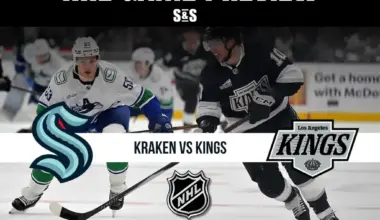 NHL game preview featuring Seattle Kraken vs Los Angeles Kings with players in action and team logos displayed.