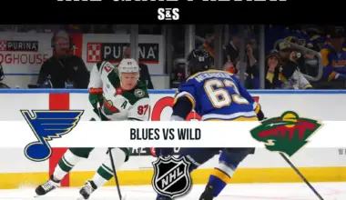 NHL game preview featuring the St. Louis Blues versus the Minnesota Wild with players on ice and team logos displayed.