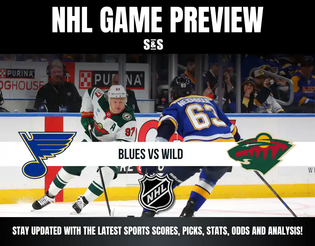 NHL game preview featuring the St. Louis Blues versus the Minnesota Wild with players on ice and team logos displayed.