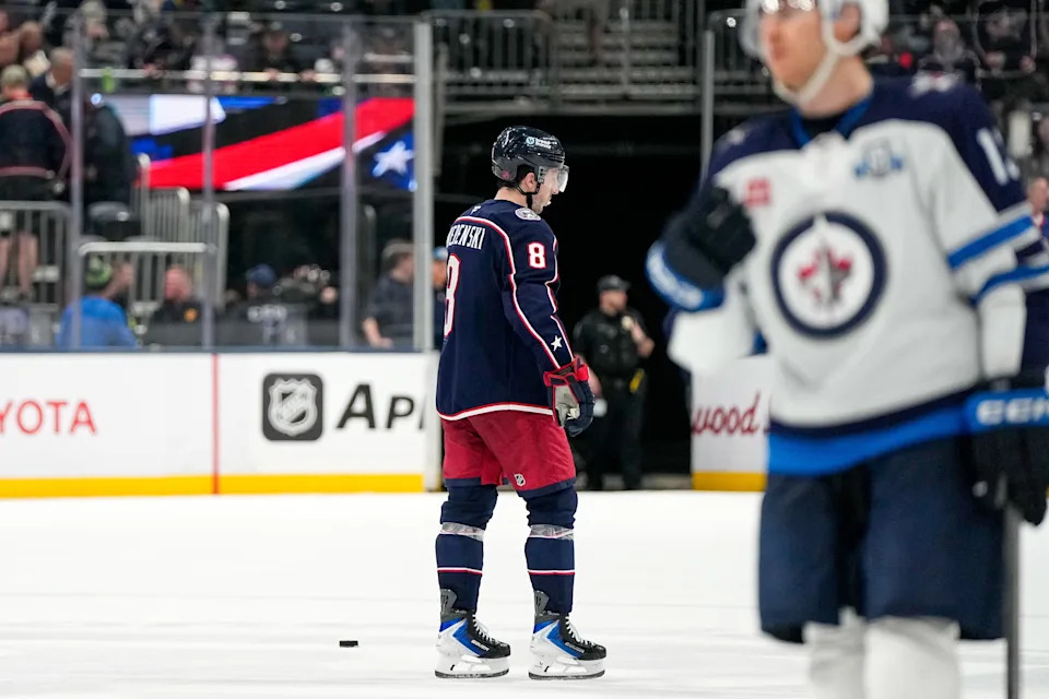 Columbus Blue Jackets defenseman Zach Werenski (8) skates off the ice after losing to Winnipeg Jets at Nationwide Arena on Saturday, April 4, 2026 in Columbus, Ohio.