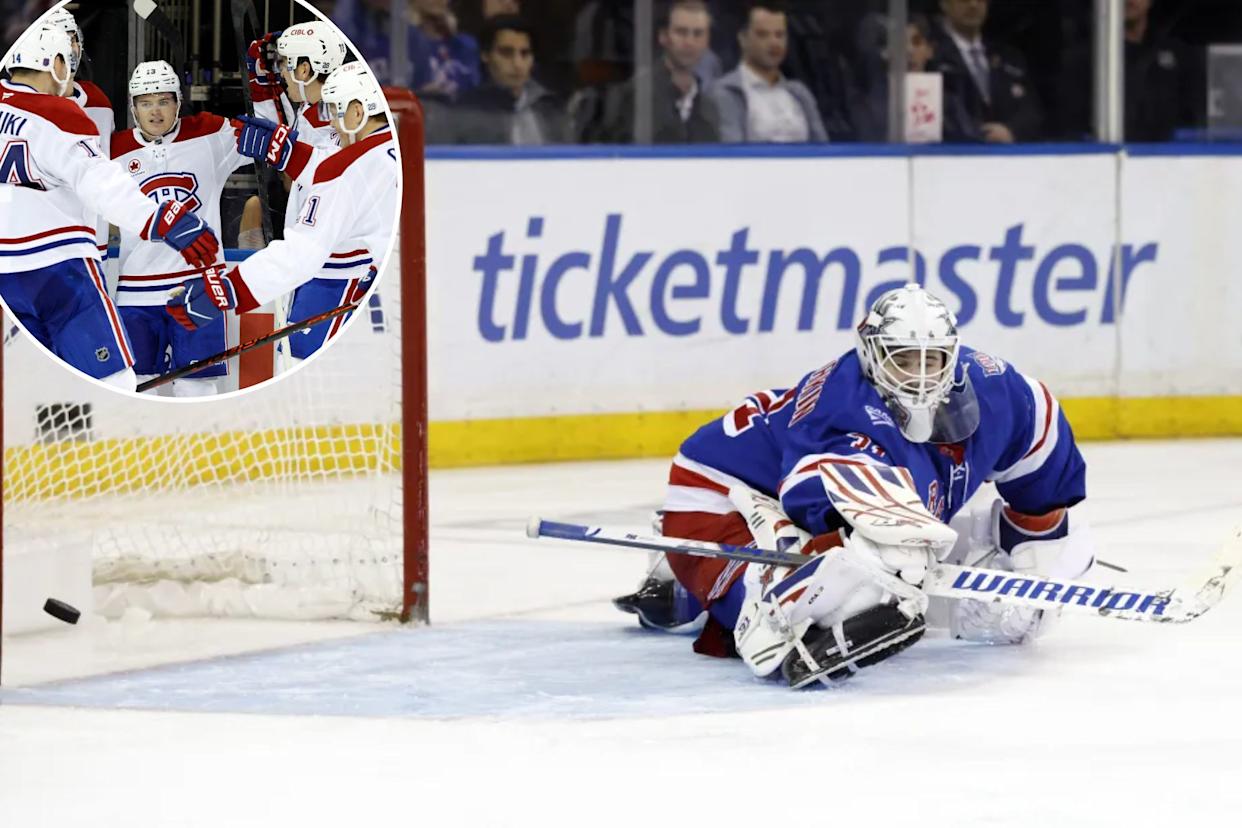 An image collage containing 2 images, Image 1 shows Igor Shesterkin allows a goal to Alex Newhook (not pictured) during the second period of the Rangers' 3-2 loss to the Canadiens on April 2, 2026 at Madison Square Garden, Image 2 shows Cole Caufield (center) celebrates with teammates after a second period goal, the first of his two scores, in the Rangers' loss to the Canadiens at the Garden