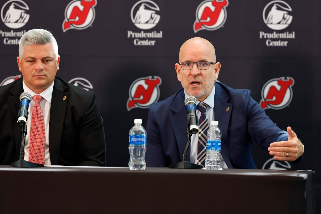 Devils general manager Tom Fitzgerald talks about the hiring of new NHL hockey team head coach Sheldon Keefe (left) during a press conference on May 28, 2024, in Newark. AP
