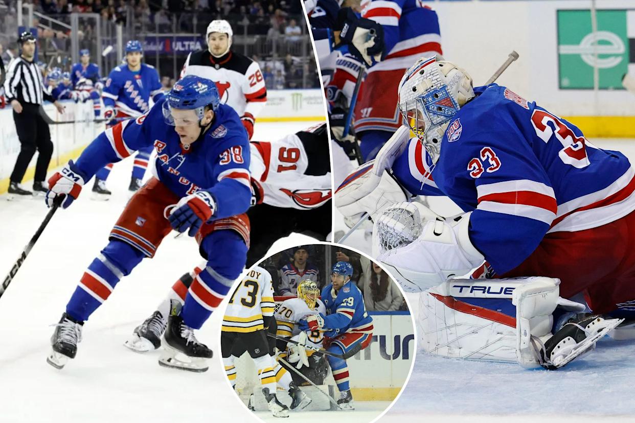 An image collage containing 3 images, Image 1 shows Adam Sykora #38 of the New York Rangers during the first period at Madison Square Garden, Tuesday, March 31, 2026, in New York, NY. , Image 2 shows New York Rangers goaltender Dylan Garand (#33) defends the net against Winnipeg Jets player Kyle Connor (#81), Image 3 shows Rangers defenseman Matthew Robertson #29 scores the game winning goal during the overtime. The New York Rangers defeat Boston Bruins 4-3