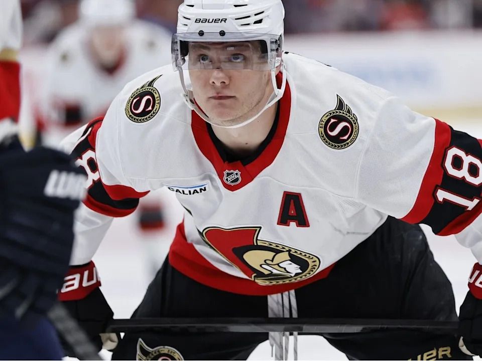  Tim Stutzle of the Ottawa Senators gets ready to take a faceoff against the Florida Panthers during the first period at Amerant Bank Arena on March 31, 2026 in Sunrise, Florida.