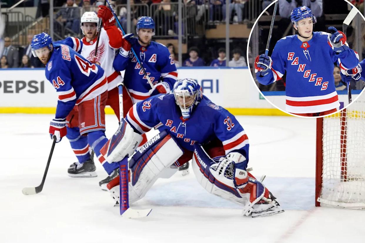 An image collage containing 2 images, Image 1 shows Goaltender Jonathan Quick #32 of the New York Rangers defends the net during the second period at Madison Square Garden, Image 2 shows Gabe Perreault and Alexis Lafrenière of the New York Rangers celebrating a goal