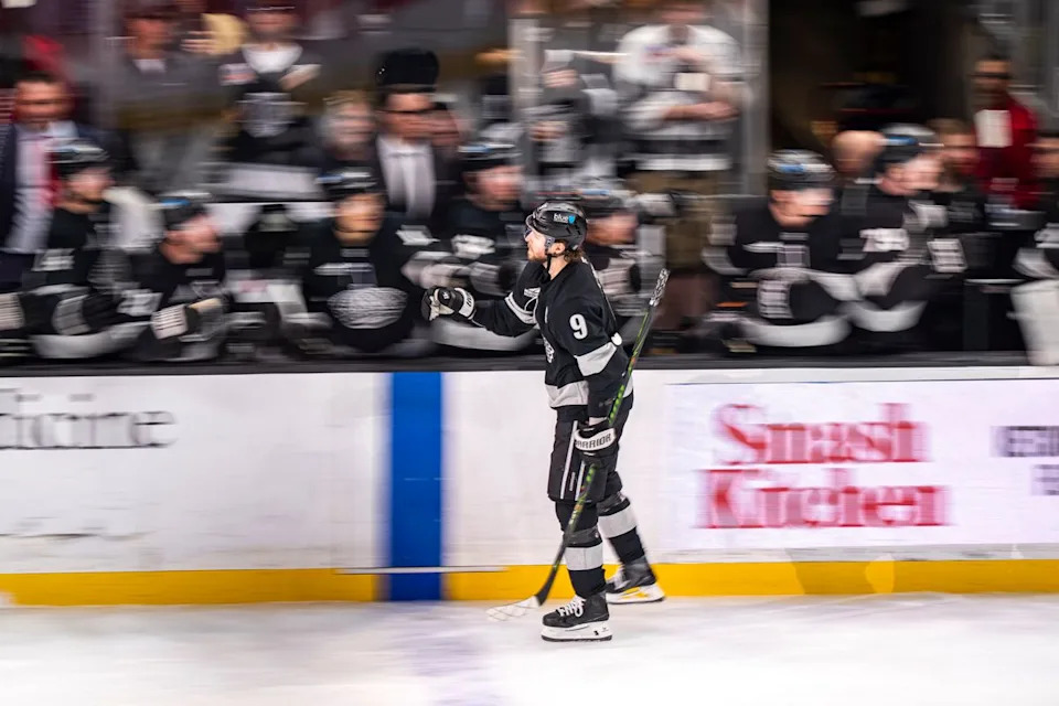 Los Angeles Kings right wing Adrian Kempe (9) celebrating a goal with his team during an NHL hockey game against the Toronto Maple Leafs on April 4th, 2026 in Los Angeles, CA.