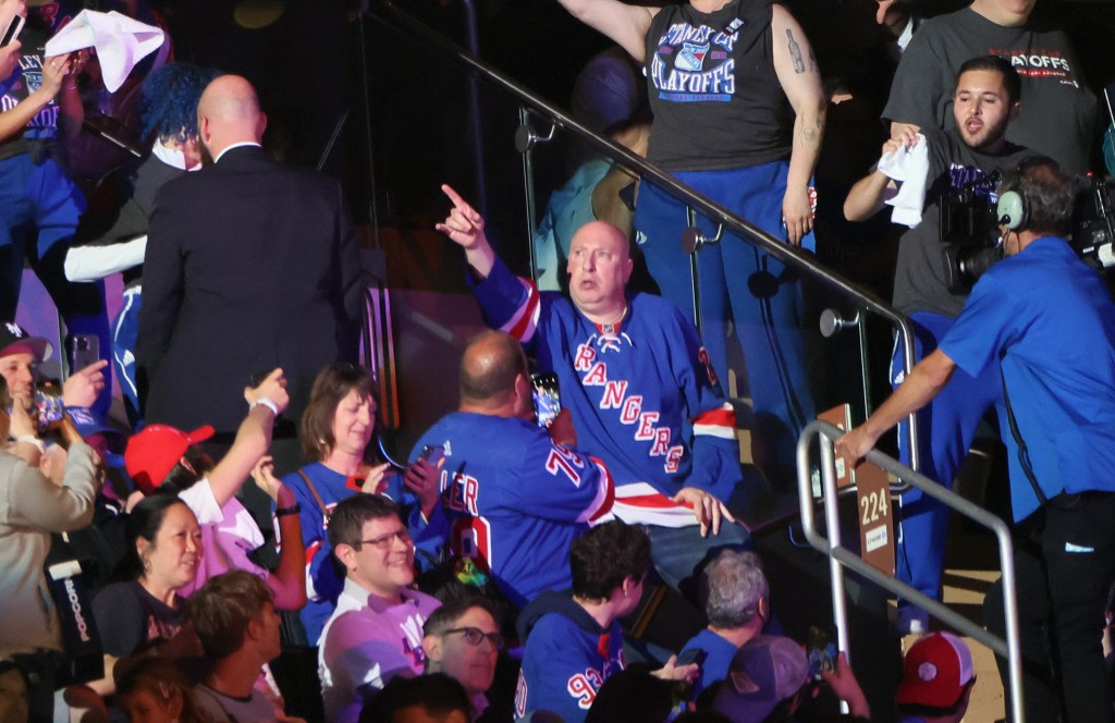 NEW YORK, NEW YORK - MAY 22: A fan known as Dancing Larry entertains fans during the New York Rangers 3-1 victory over the Carolina Hurricanes in Game Three of the Second Round of the 2022 Stanley Cup Playoffs at Madison Square Garden on May 22, 2022 in New York City. (Photo by Bruce Bennett/Getty Images)
Carolina Hurricanes v New York Rangers - Game Three