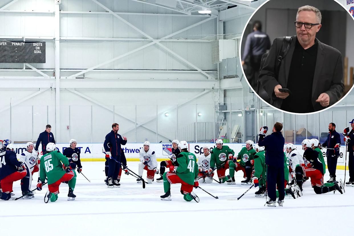 An image collage containing 2 images, Image 1 shows New York Rangers rookies kneeling on the ice during training camp, Image 2 shows Kevin Maxwell of the St. Louis Blues arrives for the game against the New York Islanders at UBS Arena on November 23, 2024