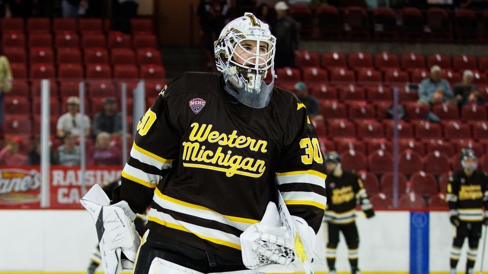 Pictured is #30 Hampton Slukynsky in this photo taken March 14, 2026. Slukynsky has inked a three-year entry level contract with the Los Angeles Kings.{ }(Photo by Gavin Liddell/Clarkson Creative Photography/WMU Athletics/WWMT)