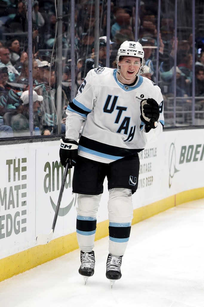 Logan Cooley of the Utah Mammoth celebrates a goal by Dylan Guenther against Seattle on April 2. Getty Images