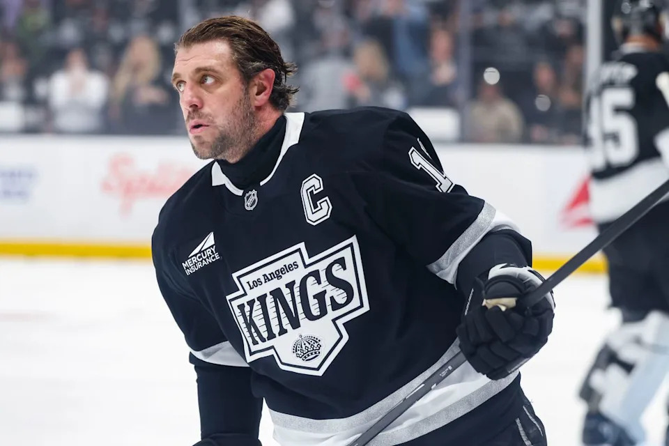 Anze Kopitar #11 of the Los Angeles Kings on the ice during warm ups before an NHL hockey game against the Nashville Predators, Thursday April 2, 2026 in Los Angeles, Calif.