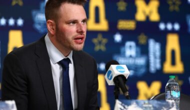 NCAA hockey: Michigan HC Brandon Naurato speaks after Frozen Four loss
