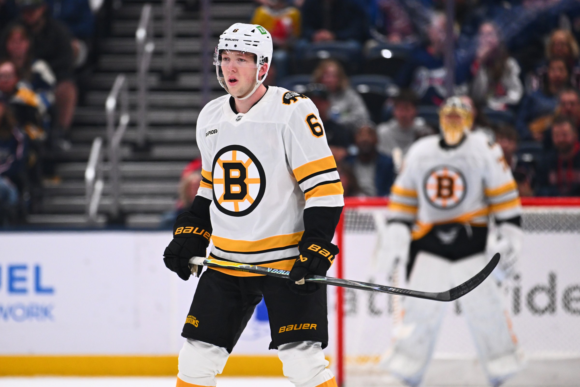 COLUMBUS, OHIO - APRIL 12: Mason Lohrei #6 of the Boston Bruins skates in the first period of a game against the Columbus Blue Jackets at Nationwide Arena on April 12, 2026 in Columbus, Ohio. (Photo by Ben Jackson/Getty Images)