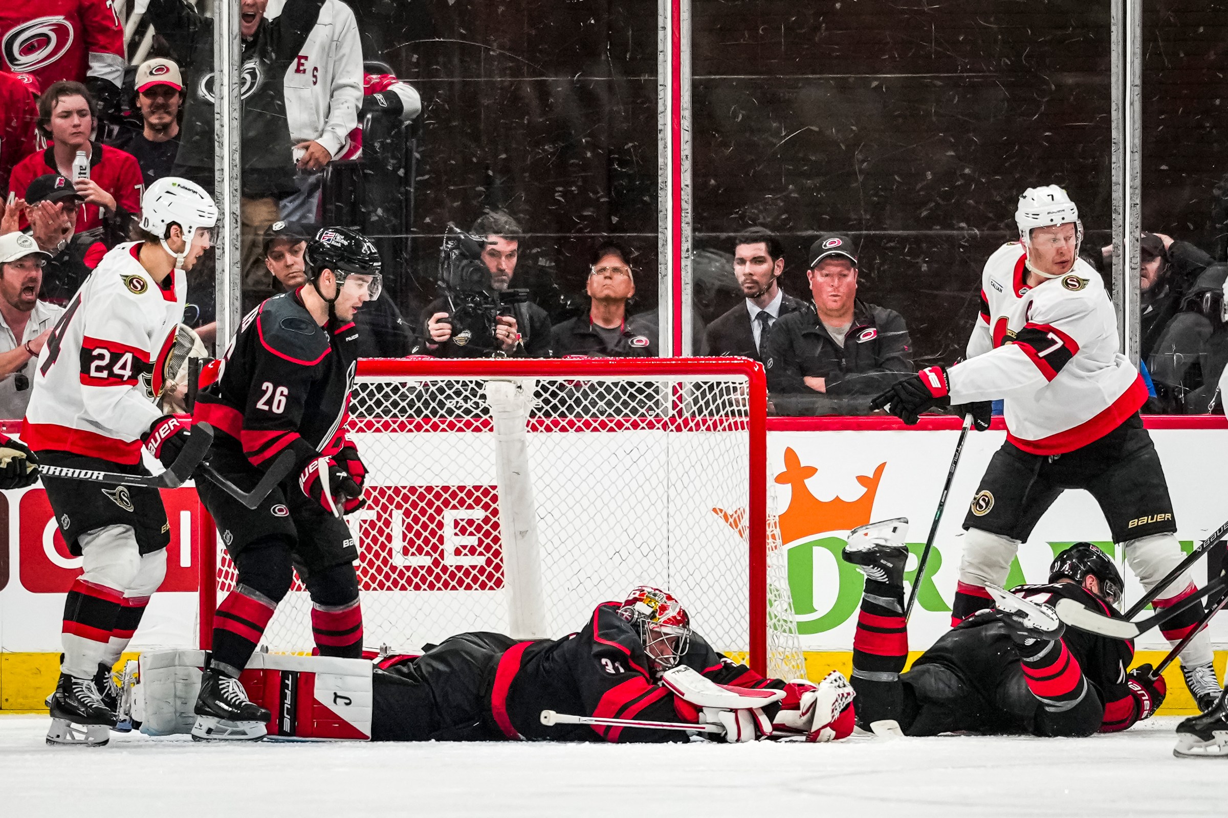 RALEIGH, NORTH CAROLINA - APRIL 18: Frederik Andersen #31 of the Carolina Hurricanes makes a save during the third period in Game One of the First Round of the 2026 Stanley Cup Playoffs against the Ottawa Senators at Lenovo Center on April 18, 2026 in Raleigh, North Carolina. (Photo by Josh Lavallee/NHLI via Getty Images)