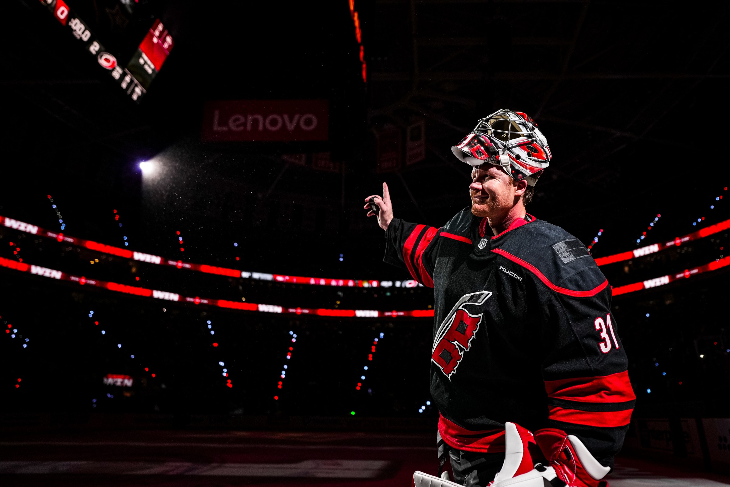 RALEIGH, NORTH CAROLINA - APRIL 18: Frederik Andersen #31 of the Carolina Hurricanes salutes the crowd after being named first star in Game One of the First Round of the 2026 Stanley Cup Playoffs against the Ottawa Senators at Lenovo Center on April 18, 2026 in Raleigh, North Carolina. (Photo by Josh Lavallee/NHLI via Getty Images)