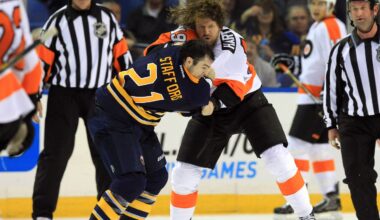 Jan 20, 2013; Buffalo, NY, USA; Philadelphia Flyers right wing Scott Hartnell (19) and Buffalo Sabres right wing Drew Stafford (21) fight during the second period at the First Niagara Center.