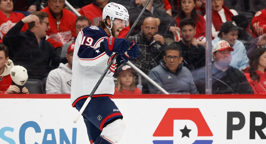 Apr 7, 2026; Detroit, Michigan, USA; Columbus Blue Jackets center Adam Fantilli (19) celebrates after scoring in the third period against the Detroit Red Wingsat Little Caesars Arena. Mandatory Credit: Rick Osentoski-Imagn Images