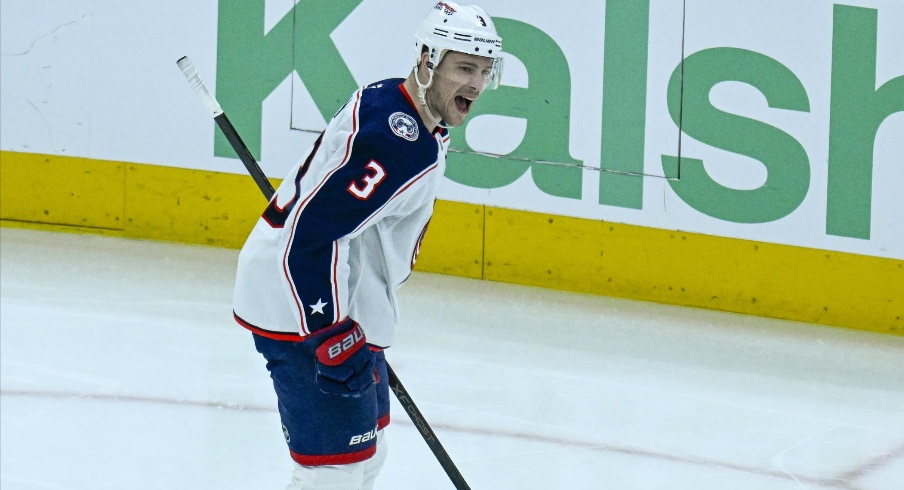 Jan 30, 2026; Chicago, Illinois, USA; Columbus Blue Jackets center Charlie Coyle (3) celebrates after scoring against the Chicago Blackhawks during the second period at the United Center. Mandatory Credit: Matt Marton-Imagn Images