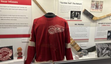 A display of an earlier version of the Detroit Red Wings jersey.