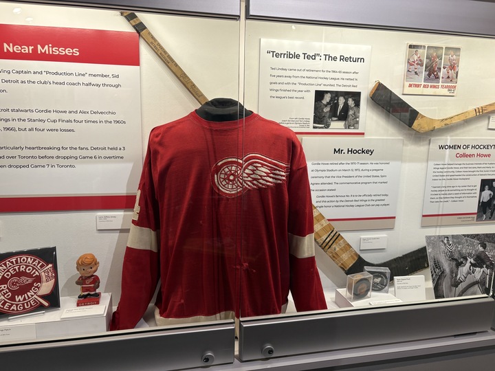 A display of an earlier version of the Detroit Red Wings jersey.
