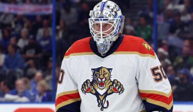 St. Louis Blues goaltender Jordan Binnington, in net during an NHL game. He is a primary trade target for the Florida Panthers to replace Sergei Bobrovsky.