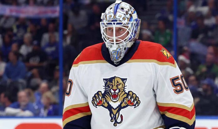 St. Louis Blues goaltender Jordan Binnington, in net during an NHL game. He is a primary trade target for the Florida Panthers to replace Sergei Bobrovsky.