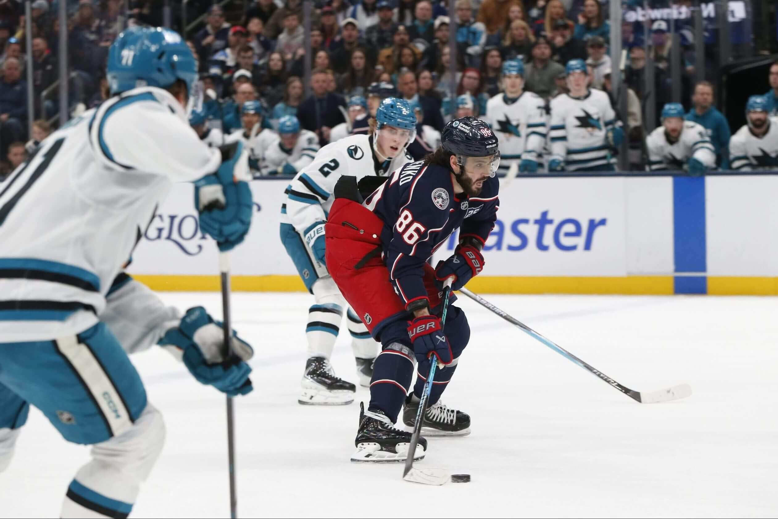 Columbus Blue Jackets right wing Kirill Marchenko skates with the puck against the San Jose Sharks fon March 28, 2026, in Columbus.