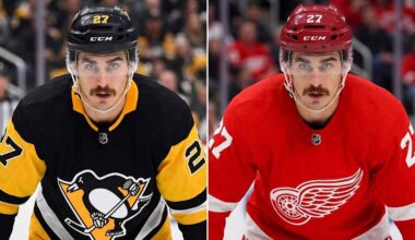 A close-up portrait of hockey player Mason Marchment with intense blue eyes and a mustache, wearing a white Seattle Kraken jersey, who is currently a pending UFA for the Columbus Blue Jackets and a target for the Pittsburgh Penguins and Detroit Red Wings in NHL free agency.
