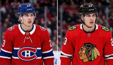 A split-screen visualization of Toronto Maple Leafs forward Matthew Knies wearing a Montreal Canadiens jersey on the left and a Chicago Blackhawks jersey on the right, illustrating recent NHL trade rumors.