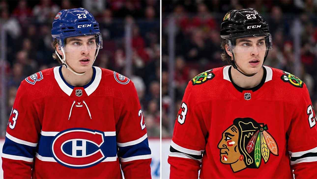 A split-screen visualization of Toronto Maple Leafs forward Matthew Knies wearing a Montreal Canadiens jersey on the left and a Chicago Blackhawks jersey on the right, illustrating recent NHL trade rumors.