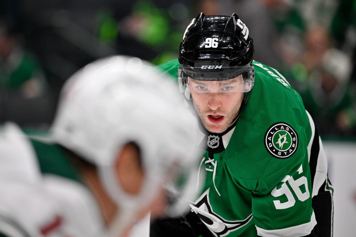 Oct 14, 2025; Dallas, Texas, USA; Dallas Stars right wing Mikko Rantanen (96) waits for the face-off against the Minnesota Wild during the second period at the American Airlines Center. Mandatory Credit: Jerome Miron-Imagn Images