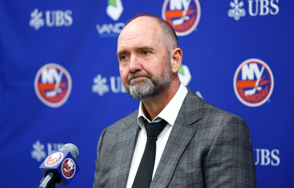 Islanders head coach Peter DeBoer responds to questions from reporters during press conference after an NHL hockey game against the Montreal Canadiens Sunday, April 12, 2026, in Elmont, N.Y.
