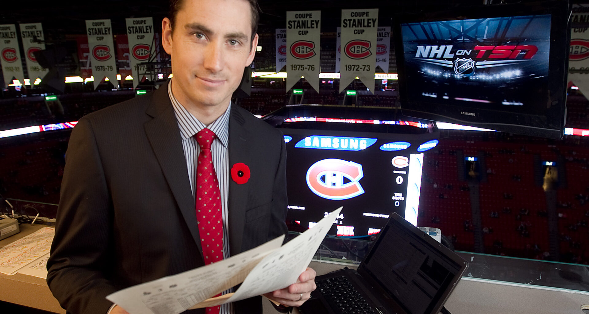 Hockey broadcaster Mike Johnson in the press booth at the Bell Centre in Montreal.