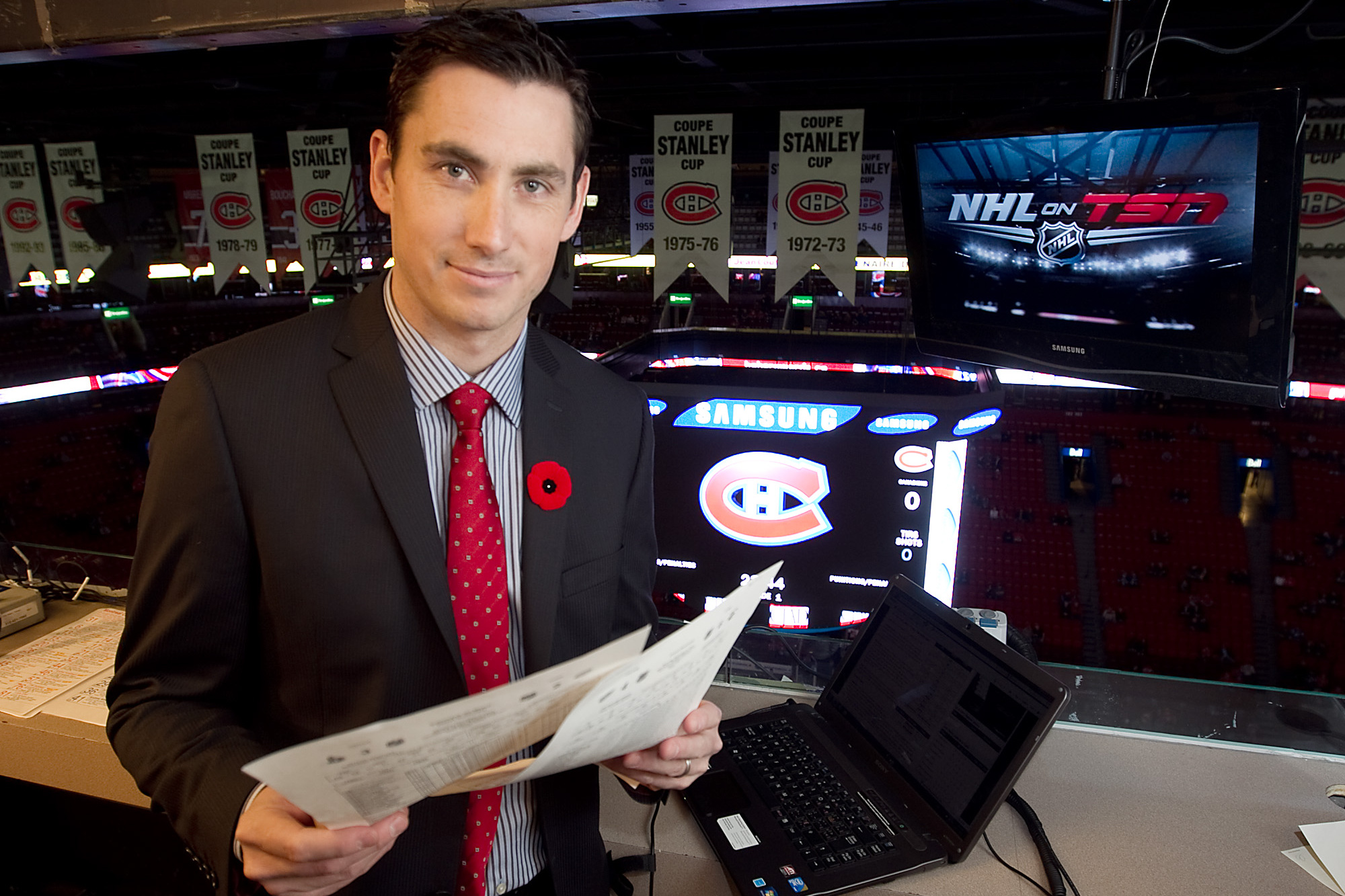 Hockey broadcaster Mike Johnson in the press booth at the Bell Centre in Montreal.
