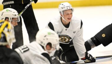 James Hagens, center, a Boston College center and the Bruins’ 7th overall draft pick, stretches with teammates at the conclusion of the first day of Bruins Development Camp at Warrior Arena in Brighton on Monday, June 30, 2025.