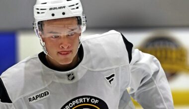 Bruins development camp at Warrior Arena in Boston on July 3, 2025, Boston Bruins draft pick James Hagens