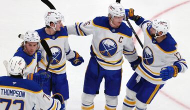 Buffalo Sabres' Rasmus Dahlin (26) celebrates his goal with Tage Thompson (72), Josh Doan (91), Zach Benson (6) and Jason Zucker (17) during the second period of an NHL hockey game against the Boston Bruins, Thursday, Oct. 30, 2025, in Boston. (AP Photo/Michael Dwyer)
