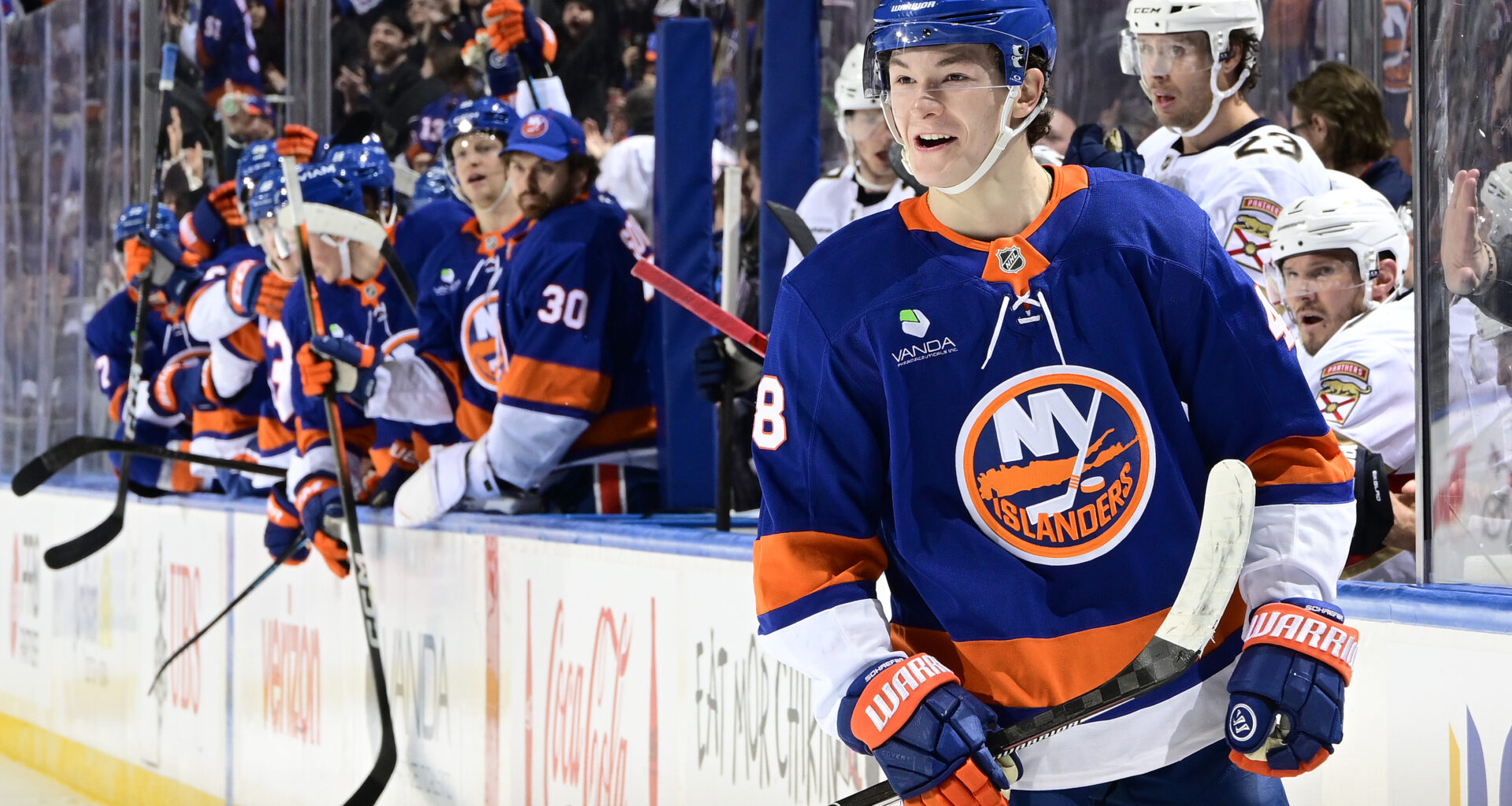 Matthew Schaefer celebrates after scoring a goal in an Islanders-Panthers game in March 2026.