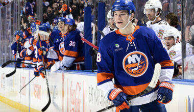 Matthew Schaefer celebrates after scoring a goal in an Islanders-Panthers game in March 2026.