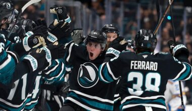 Gaudette scores with 21 seconds left, Sharks defeat Blues to stay in playoff hunt