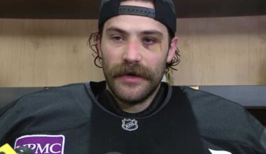 Penguins goaltender Stuart Skinner hit by puck near eye