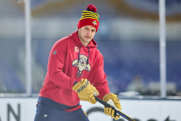MIAMI, FLORIDA - JANUARY 01: Aleksander Barkov #16 of the Florida Panthers practices prior to the 2026 Discover NHL Winter Classic against the New York Rangers at loanDepot park on January 01, 2026 in Miami, Florida. (Photo by Carmen Mandato/Getty Images)