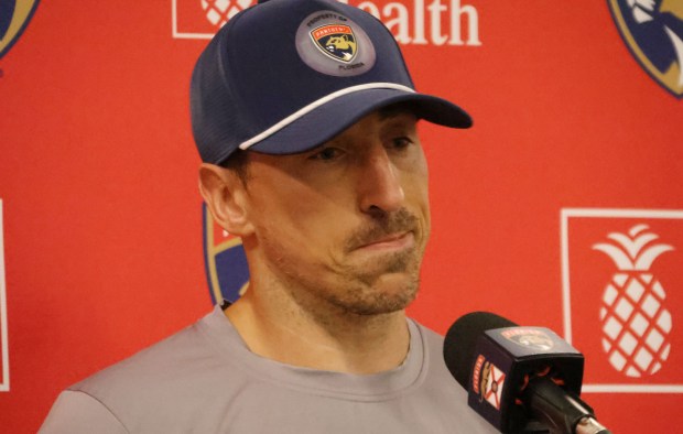Florida Panthers forward Brad Marchand speaks during a news conference at the Baptist Health IcePlex in Fort Lauderdale on Thursday, April 16, 2026. (Joe Cavaretta/South Florida Sun Sentinel)