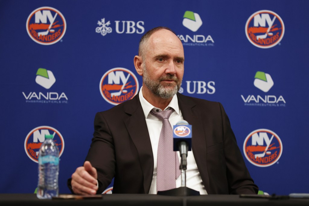 New York Islanders head coach Peter DeBoer speaks to the media at UBS Arena.