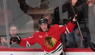 Blackhawks forward Frank Nazar departs after getting hit in the face with a puck