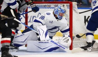 Tampa Bay Lightning goaltender Andrei Vasilevskiy (88) looks for the puck in traffic during the first period of an NHL hockey game against the Buffalo Sabres, Monday, April 6, 2026, in Buffalo, N.Y. (AP Photo/Jeffrey T. Barnes)