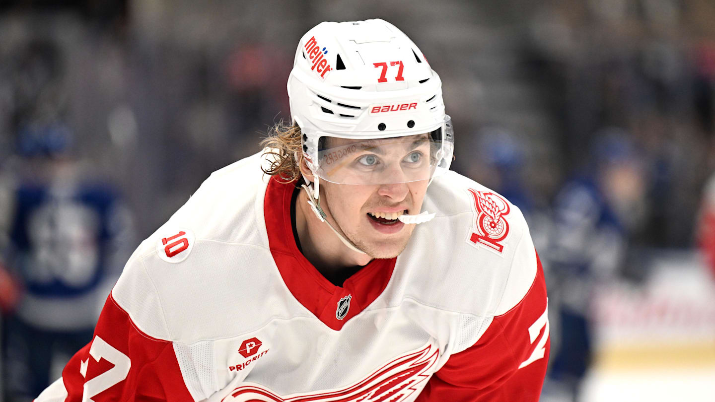 Jan 21, 2026; Toronto, Ontario, CAN;  Detroit Red Wings defenseman Simon Edvinsson (77) waits for play to resume after a time out against the Toronto Maple Leafs in the third period at Scotiabank Arena. Mandatory Credit: Dan Hamilton-Imagn Images