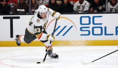 May 14, 2026; Anaheim, California, USA; Vegas Golden Knights right wing Mitch Marner (93) takes a slapshot during the third period against the Anaheim Ducks in game six of the second round of the 2026 Stanley Cup Playoffs at Honda Center. Mandatory Credit: Kiyoshi Mio-Imagn Images