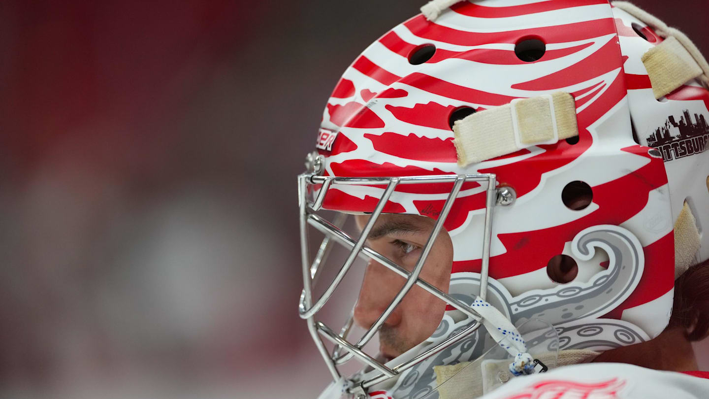 Feb 28, 2026; Raleigh, North Carolina, USA;  Detroit Red Wings goaltender John Gibson (36) looks on during the warmups before the game against the Carolina Hurricanes at Lenovo Center. Mandatory Credit: James Guillory-Imagn Images