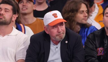 May 19, 2024; New York, New York, USA; New York Knicks executive chairman James Dolan sits court side during the first quarter of game seven of the second round of the 2024 NBA playoffs against the Indiana Pacers at Madison Square Garden. Mandatory Credit: Brad Penner-Imagn Images